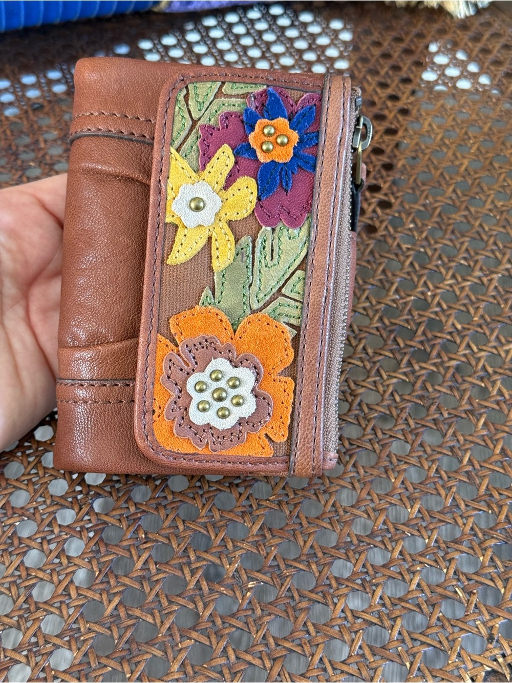 Brown Leather Floral Zip Wallet - Multicolor Flower Accent NEW or best offer